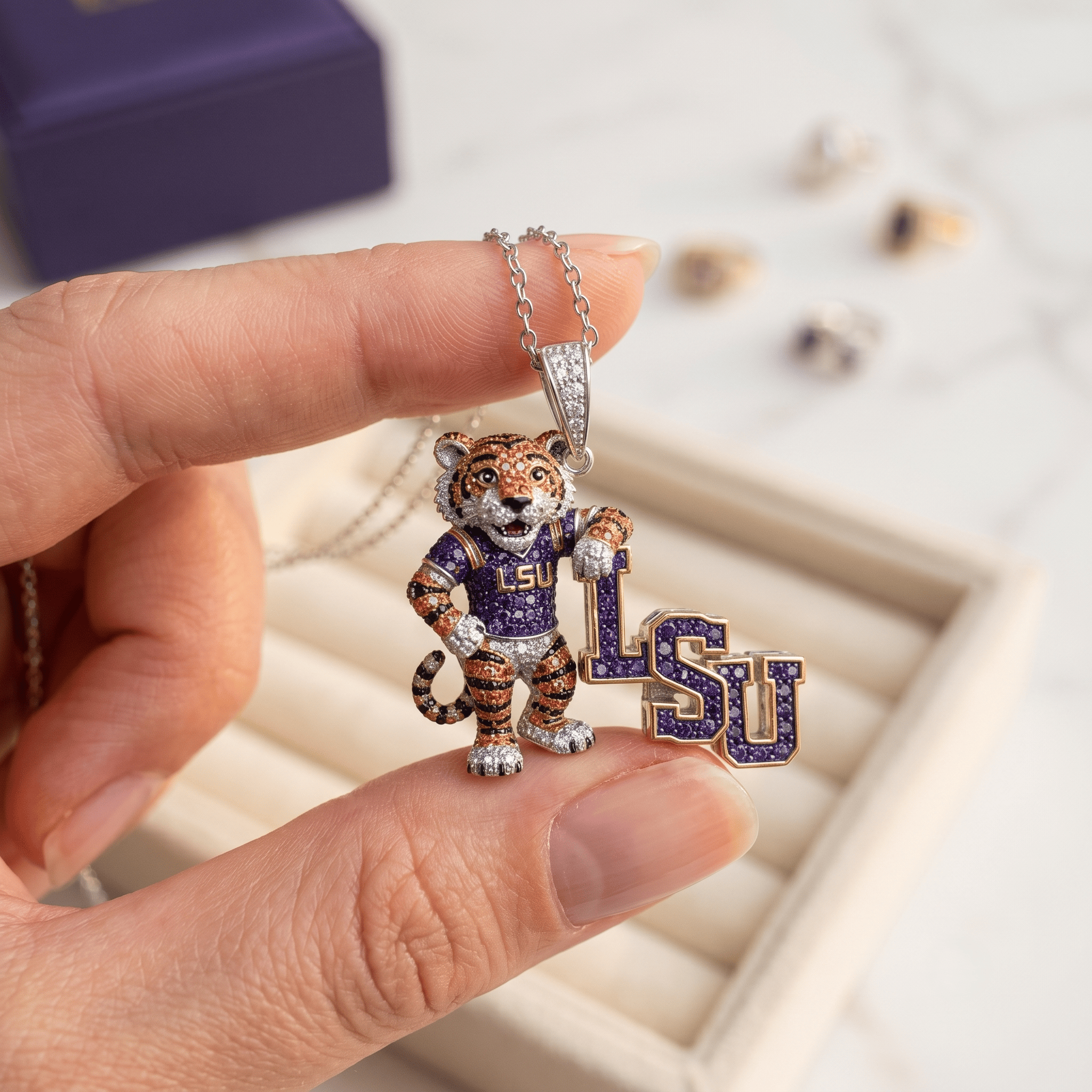 LSU Solid Gold Chain with Diamond Pendant HTTT