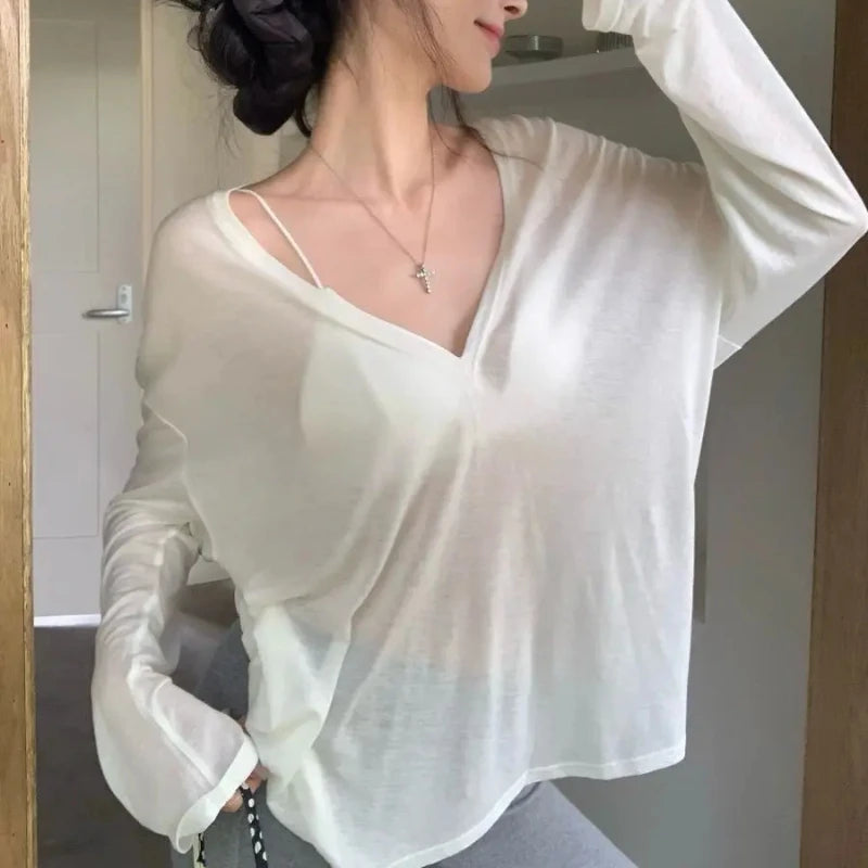 Korean Fashion With Sleeves Top Female Plain Women's Long Sleeve T-shirt Pulovers Y2k Korea Tee Reviews Many Clothes Streetwear